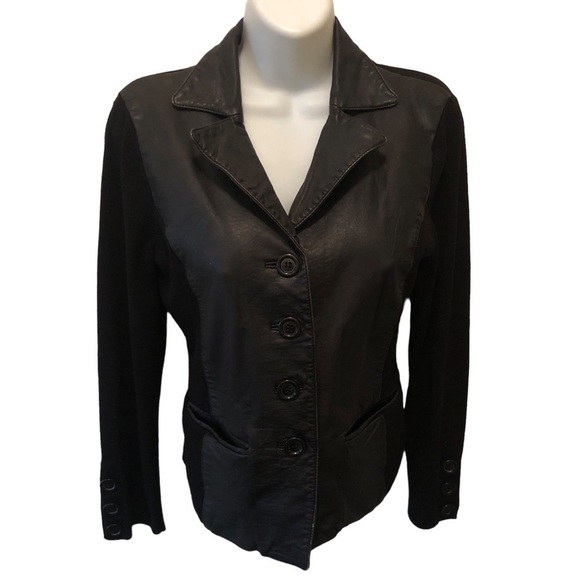 Anne Klein Leather Sweater S JACKET Button Up Black Ribbed Pockets Fall Winter - Picture 1 of 7